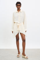 Light beige draped tie waist shirt dress_1
