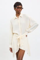 Light beige draped tie waist shirt dress_3