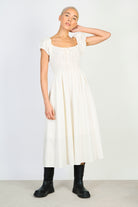 Light beige ruched sleeve cinch waist dress_1