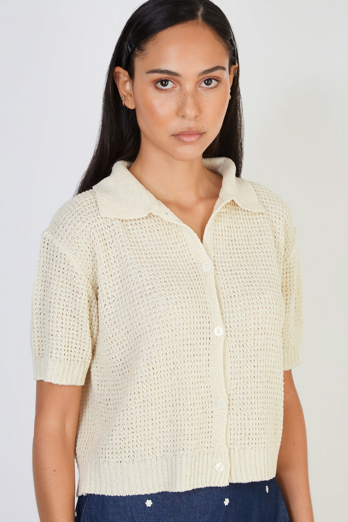 Light beige waffle knit button up tee_1