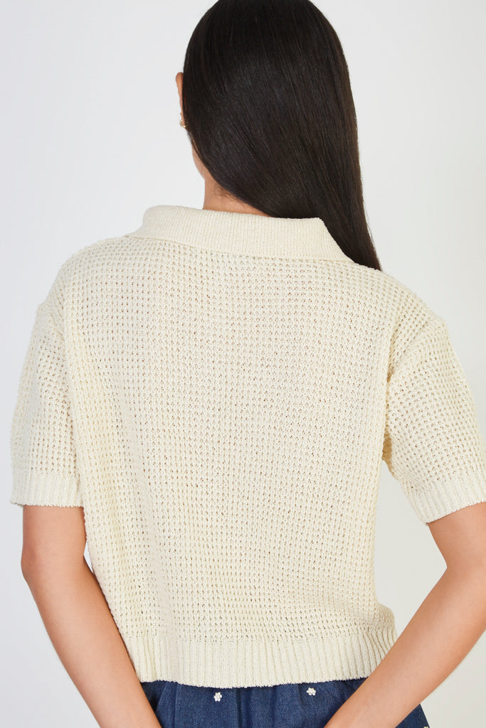 Light beige waffle knit button up tee_2