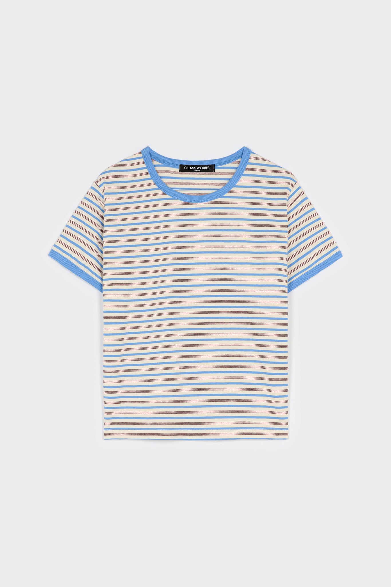 Light blue and burgundy striped contrast trim tee_1