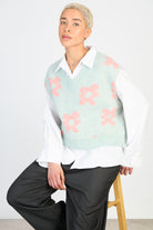 Light blue and pink graphic floral wool alpaca blend sweater vest_5