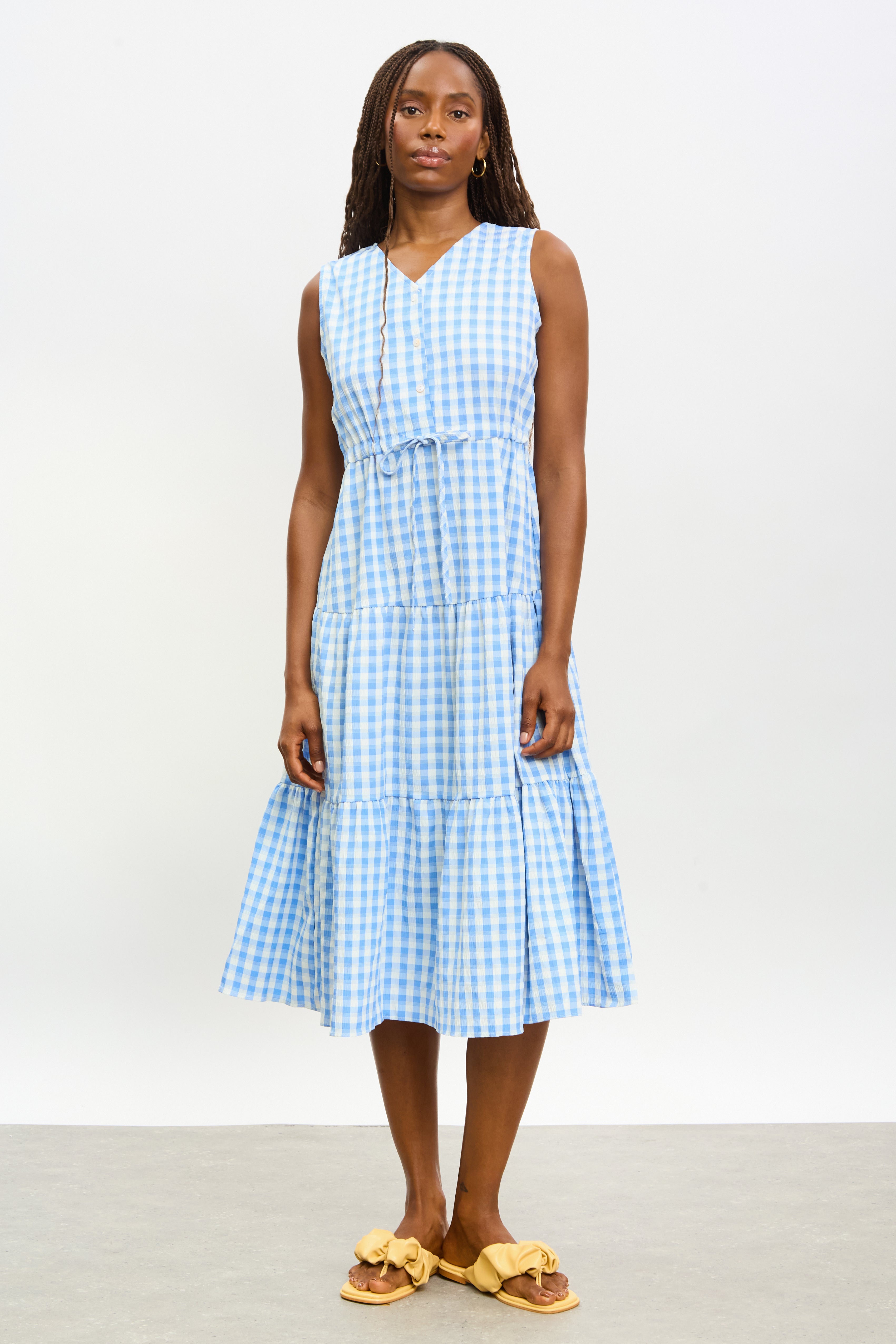 Light blue and white gingham tiered midi dress_1