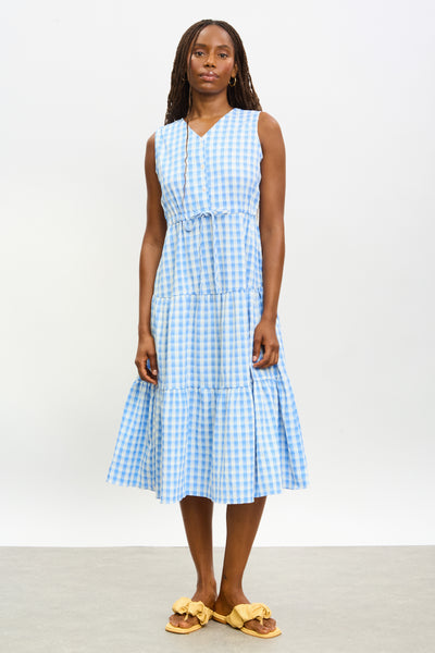 Light blue and white gingham tiered midi dress | Glassworks London
