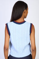 Light blue cable knit varsity trim sweater vest_2