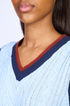 Light blue cable knit varsity trim sweater vest_3