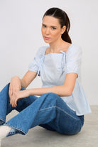 Light blue double bow puff short sleeve top_5