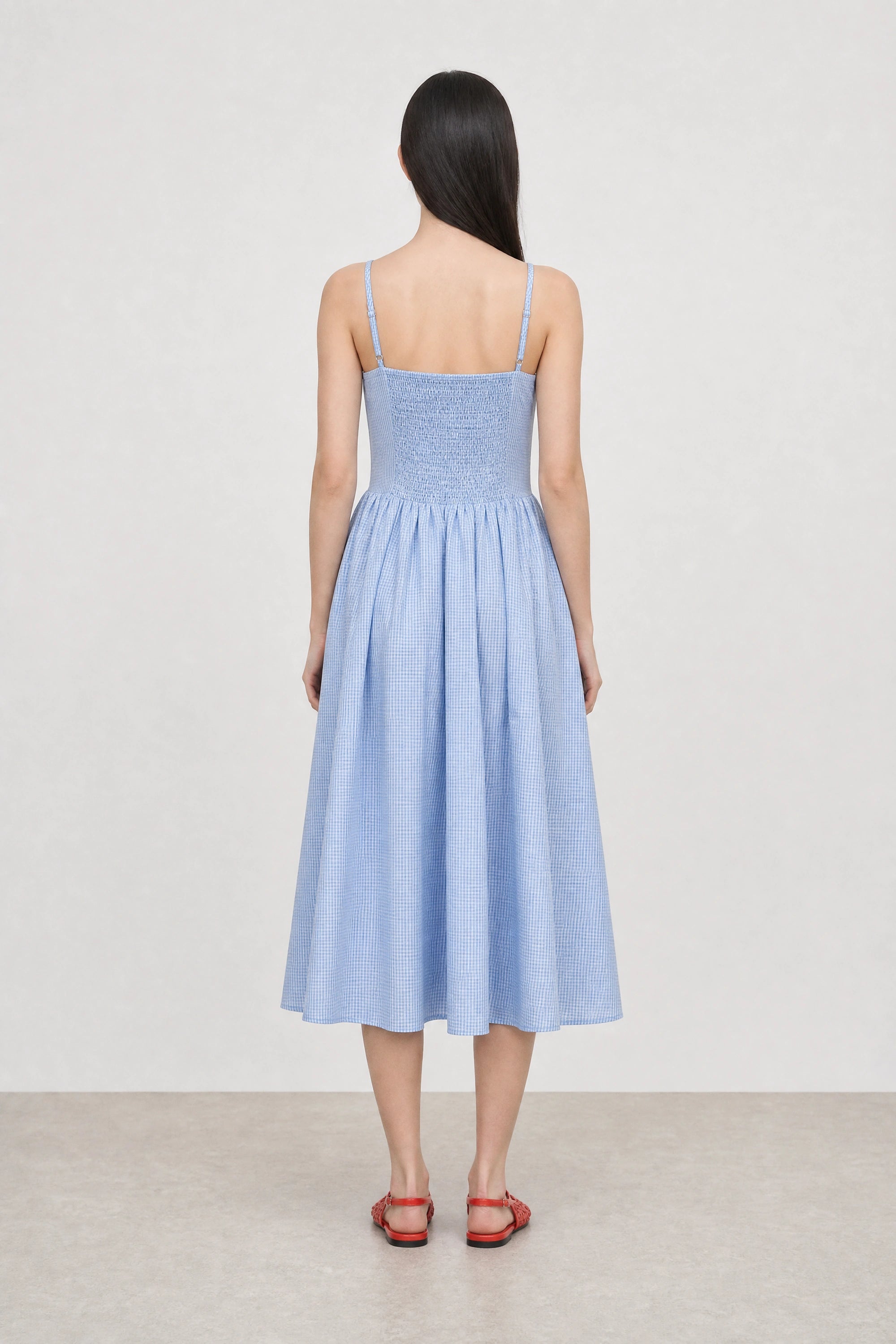 Light blue gingham ruched back dress_2