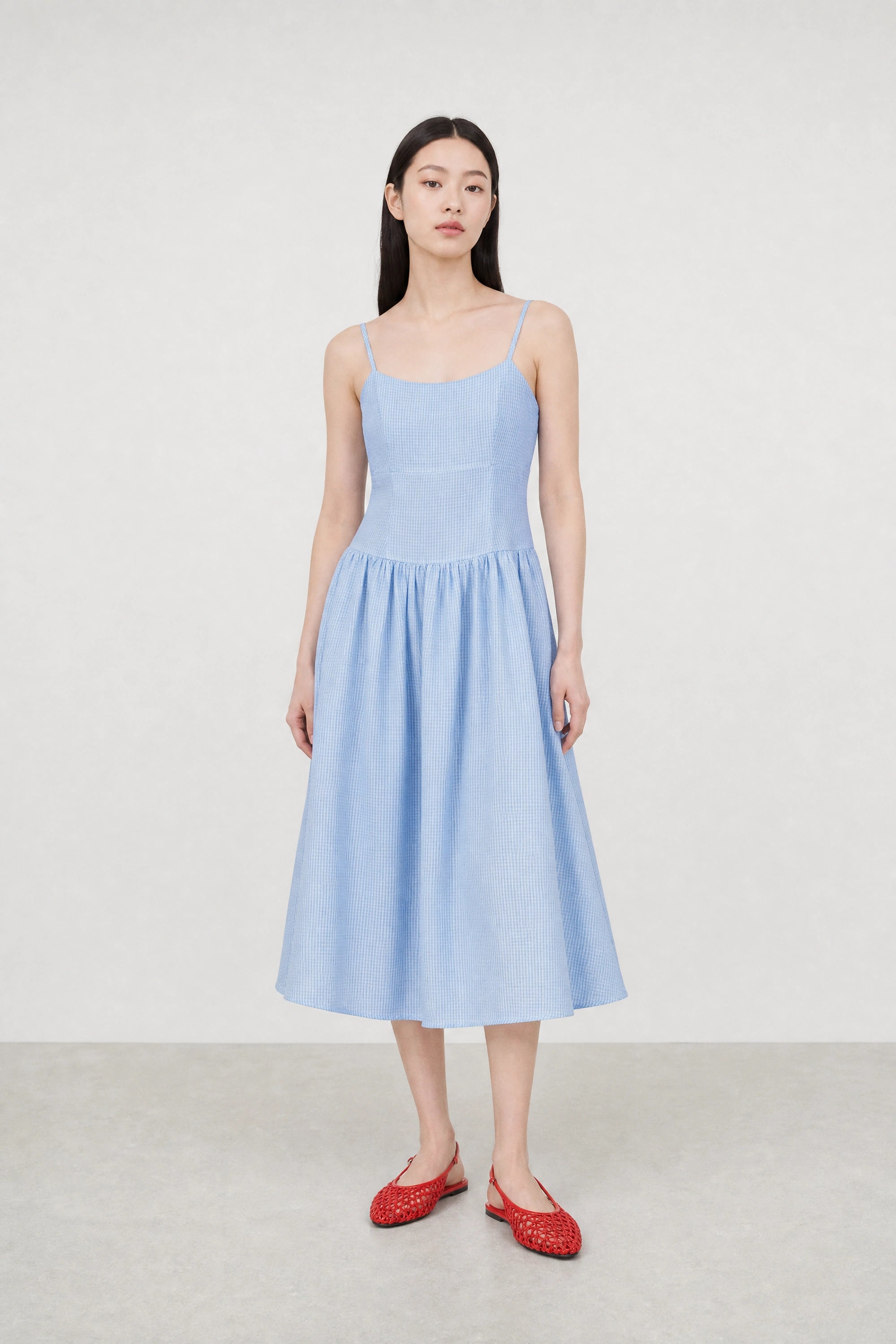 Light blue gingham ruched back dress_1
