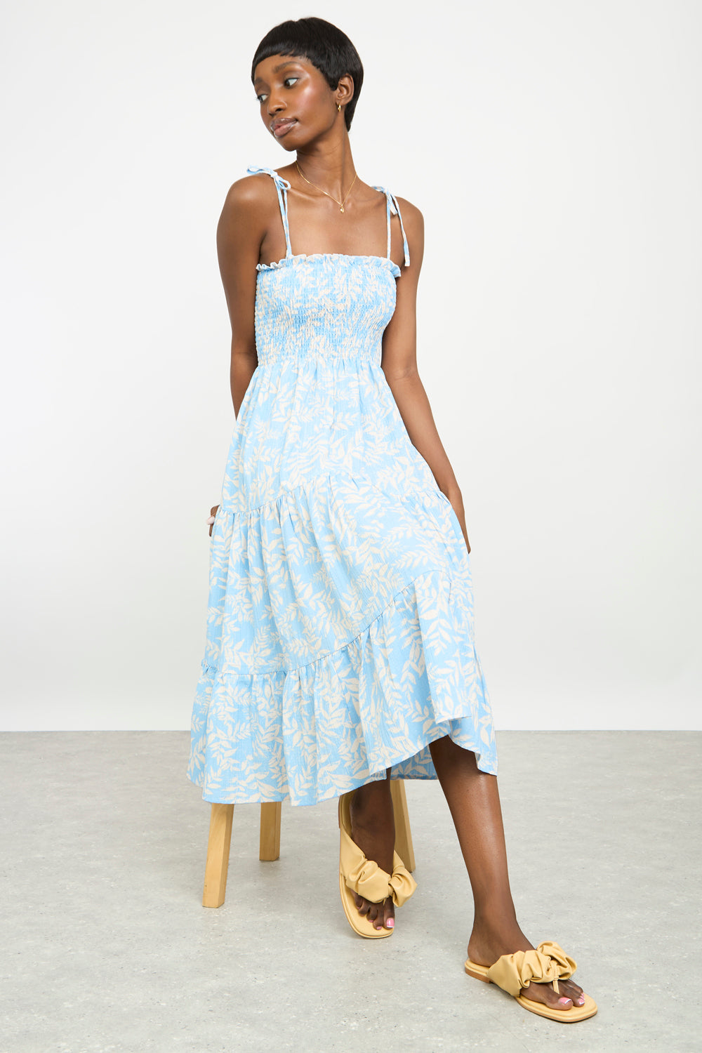 Light blue leaf print shirred bodice maxi dress | Glassworks London