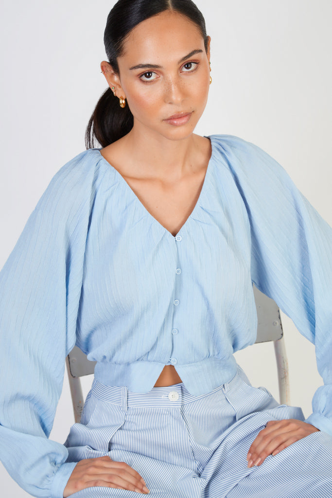 Light blue line textured button up blouse_5