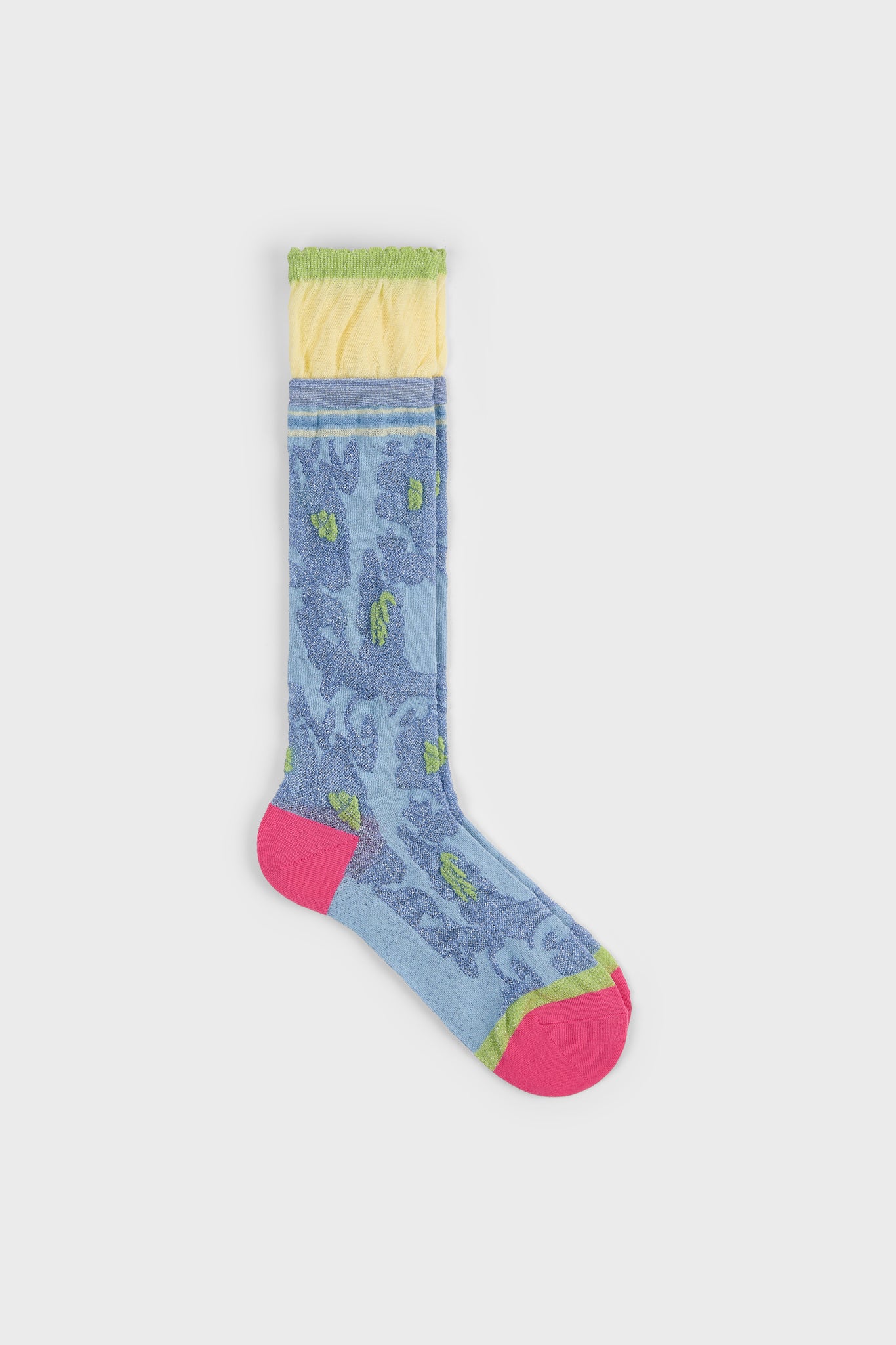 Light blue metallic floral hot pink heeled varsity trim cuffed socks_1