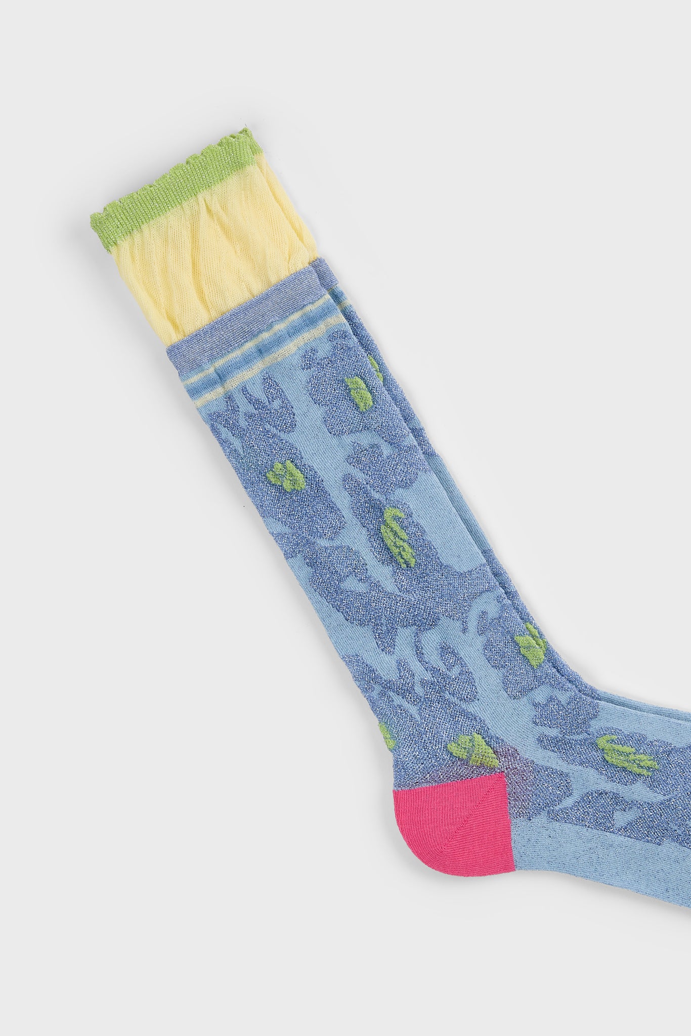 Light blue metallic floral hot pink heeled varsity trim cuffed socks_2