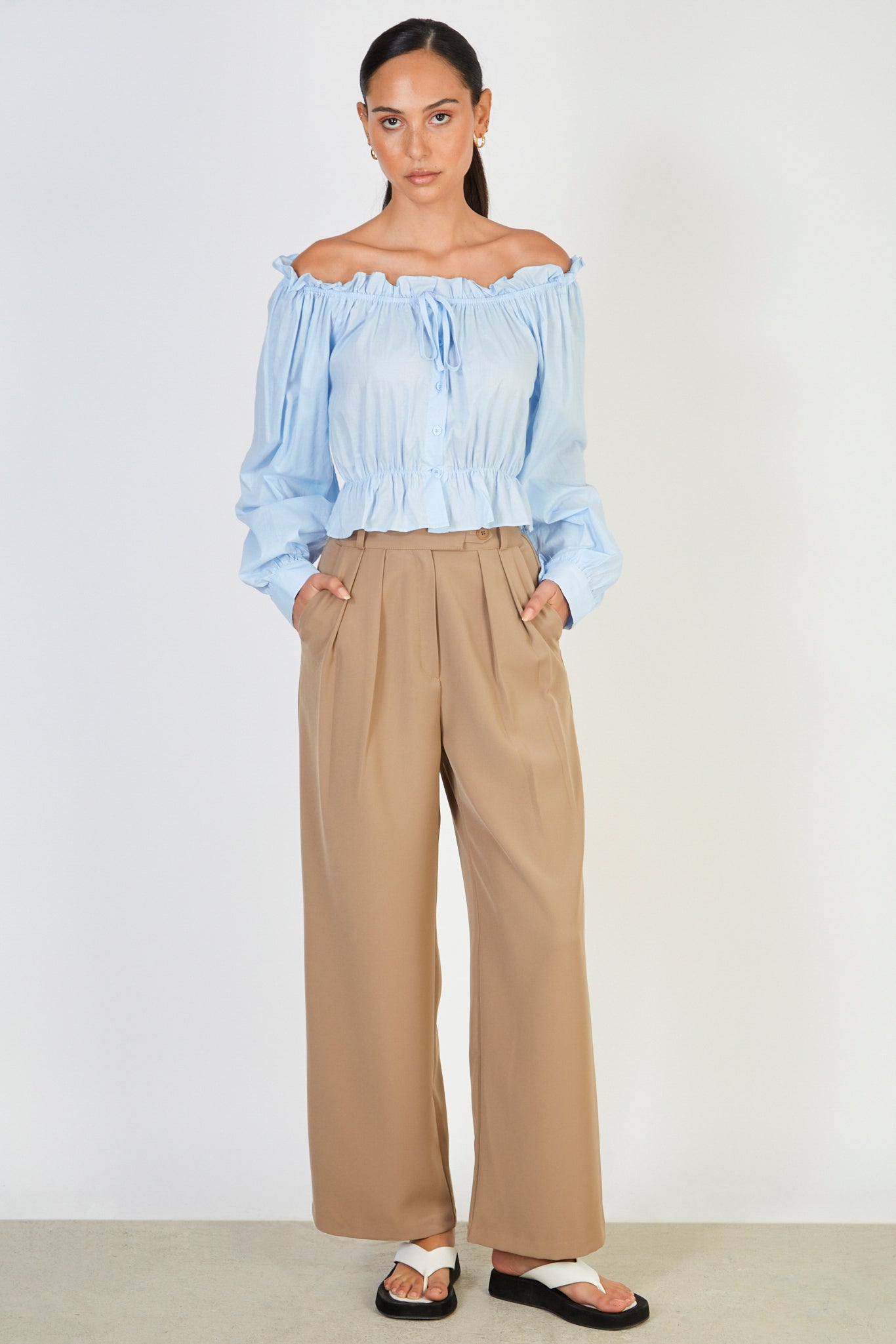 Light blue ruched neck button front blouse_4