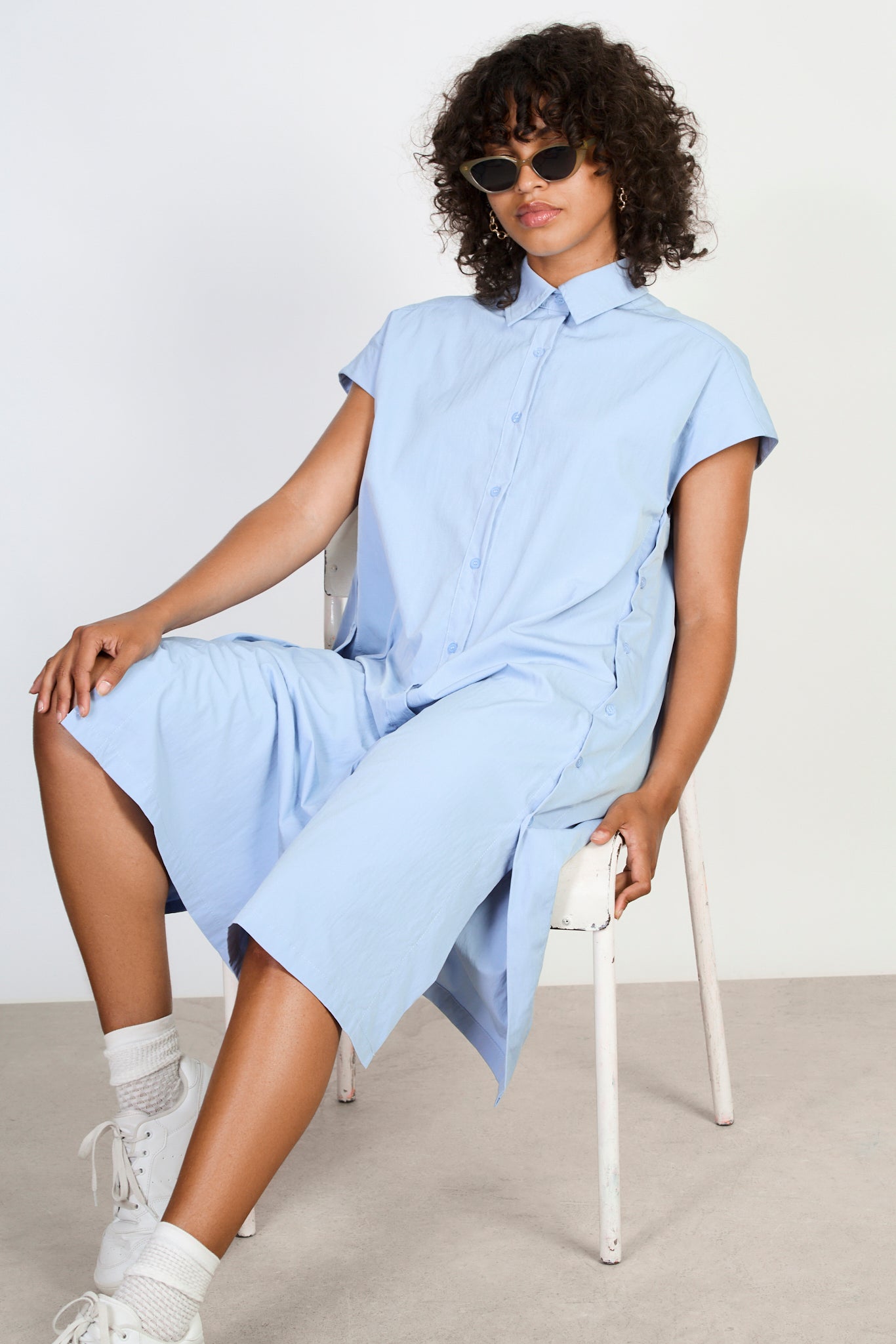 Light blue short sleeved side button shirt dress_5