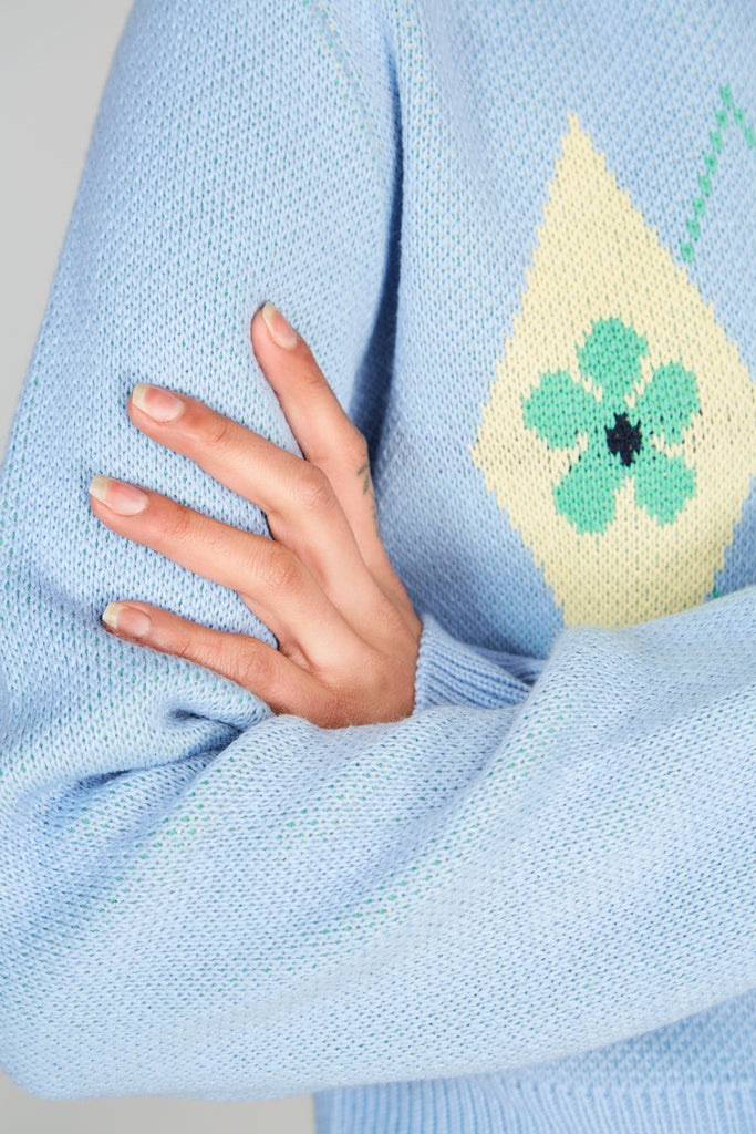 Light blue yellow and green argyle floral jumper_4
