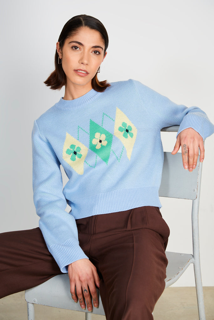 Light blue yellow and green argyle floral jumper_1