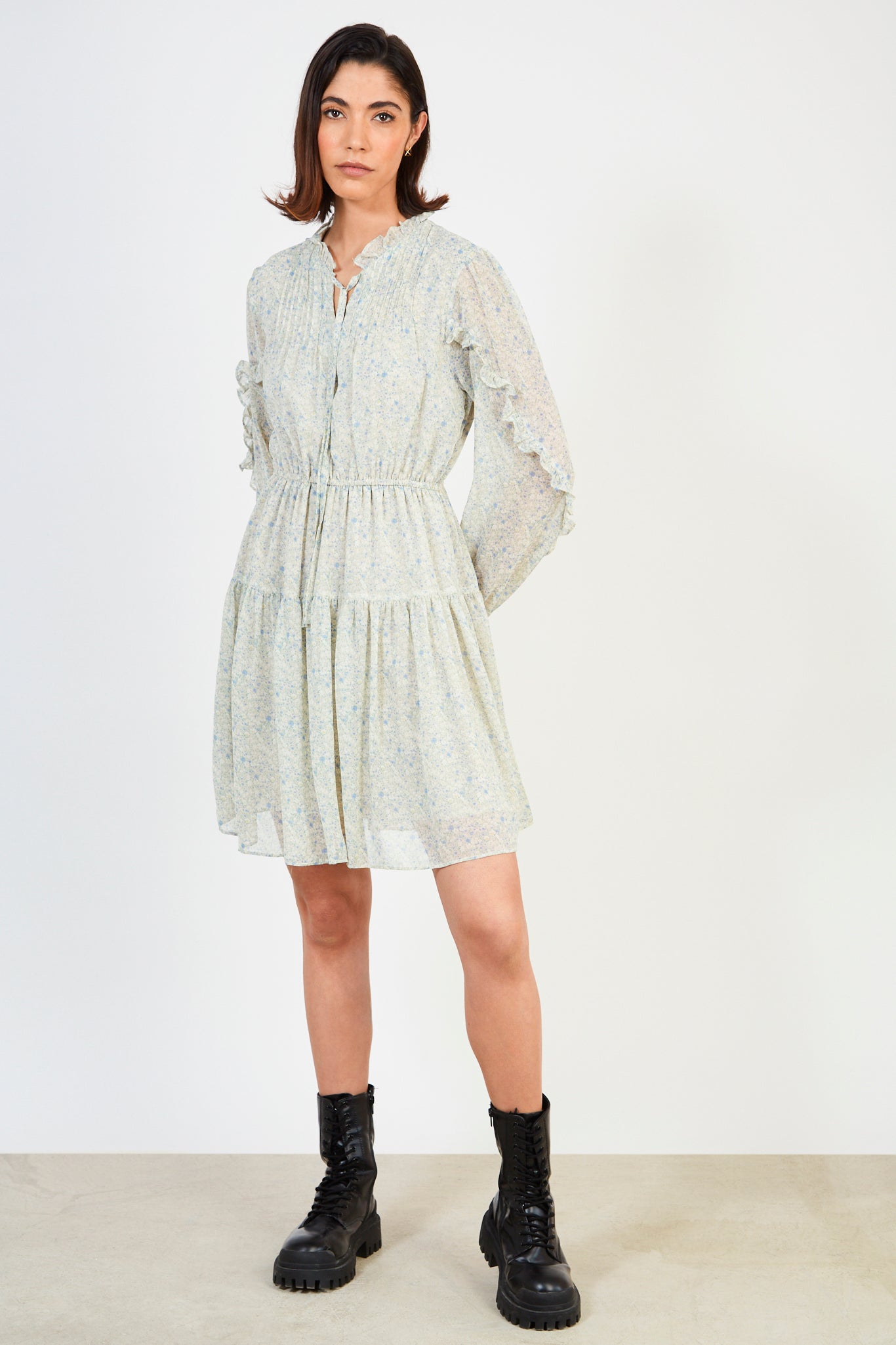 Light green and blue ditsy floral print frill trim dress_2