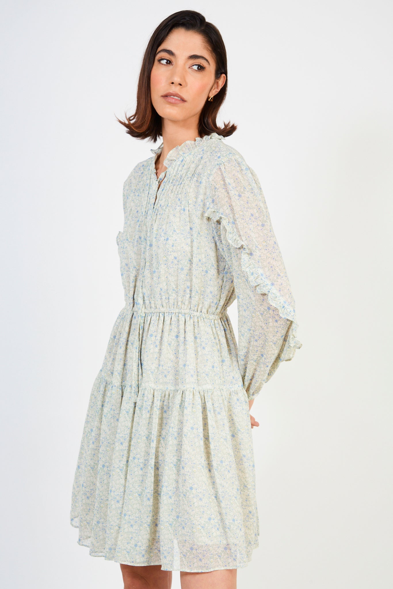 Light green and blue ditsy floral print frill trim dress