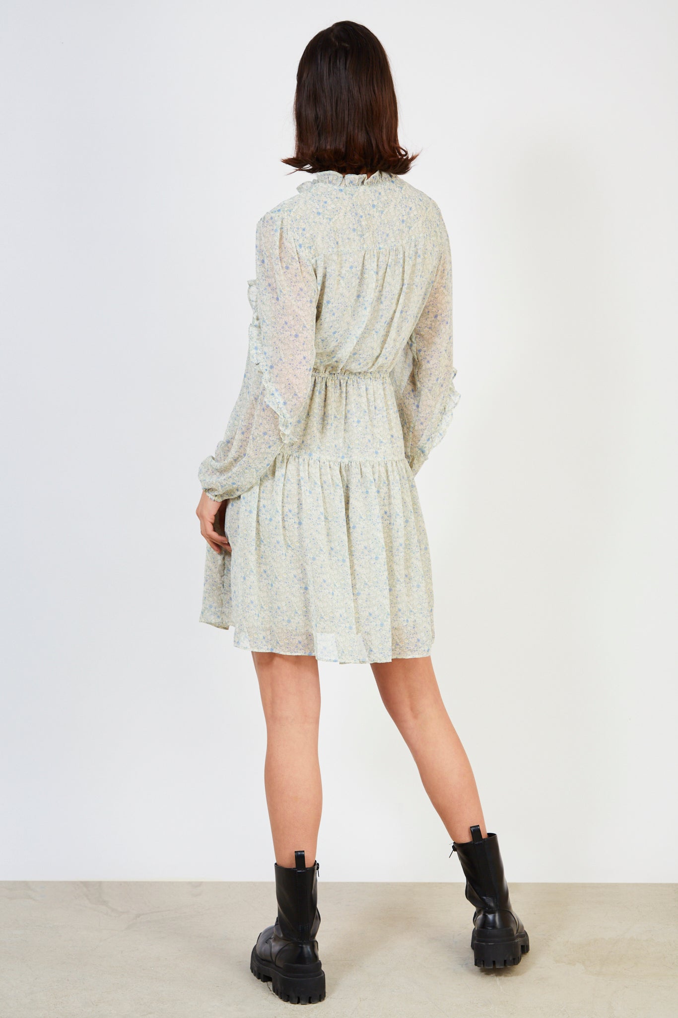 Light green and blue ditsy floral print frill trim dress_3