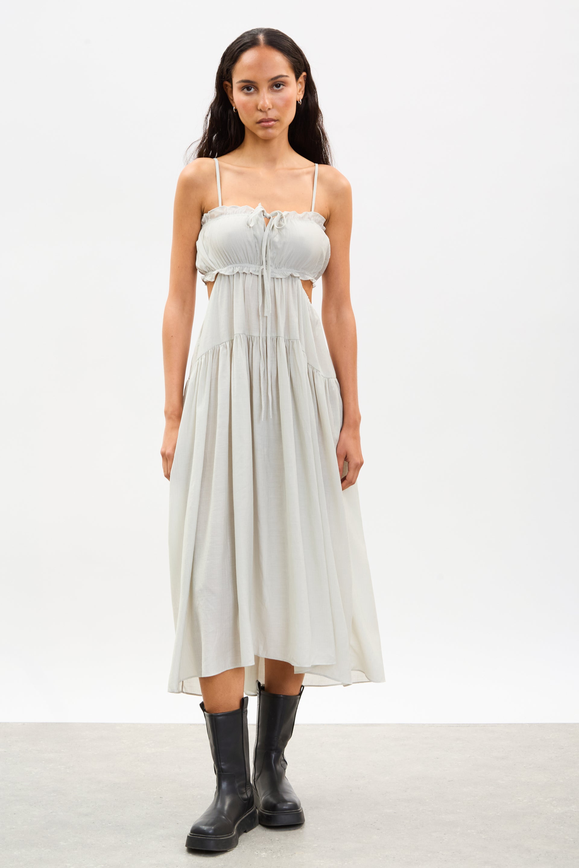 Light grey frill trim strappy peek back midi dress
