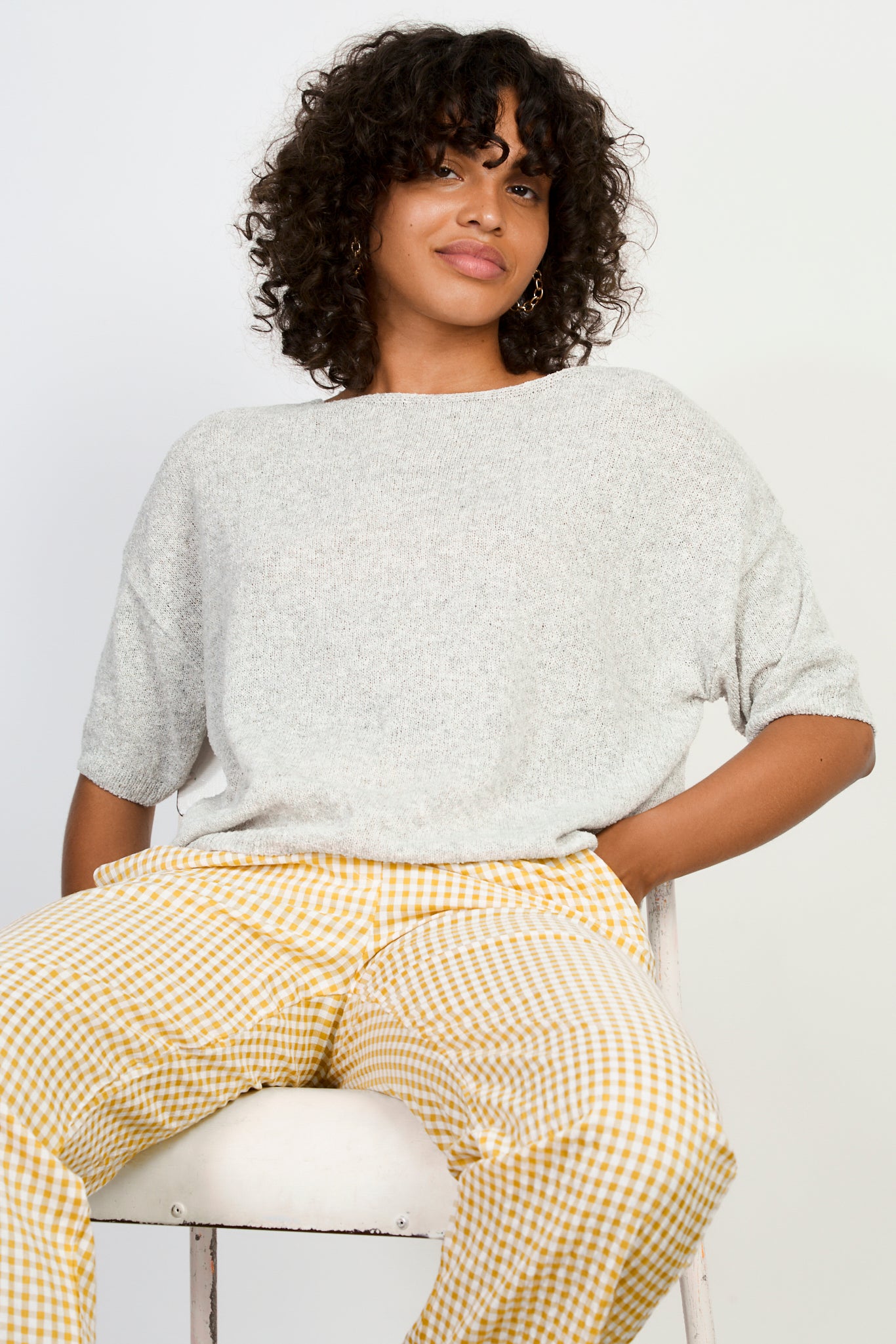 Light grey linen blend wide neck knit tee_5