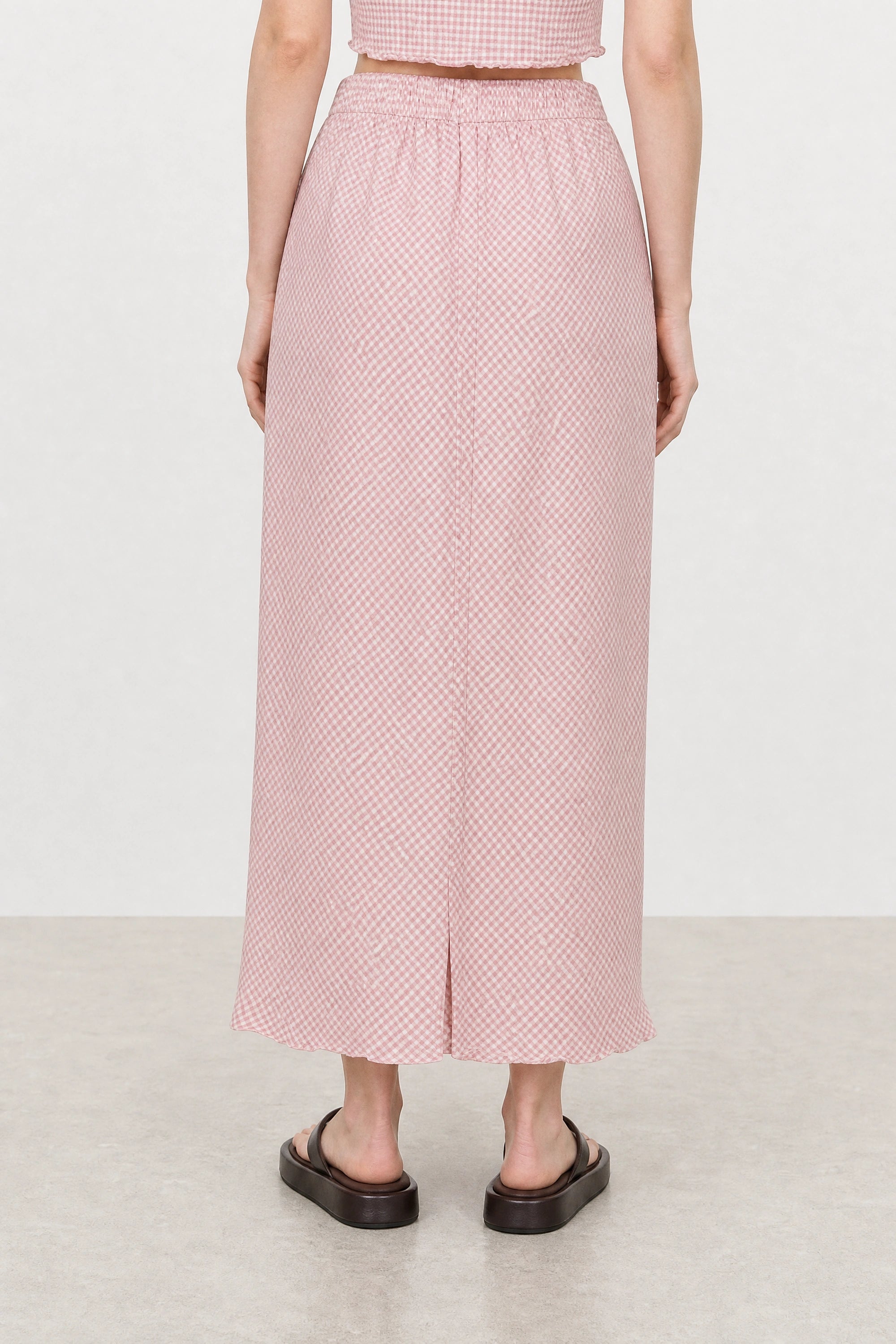 Light pink and white gingham lettuce trim pencil skirt_2