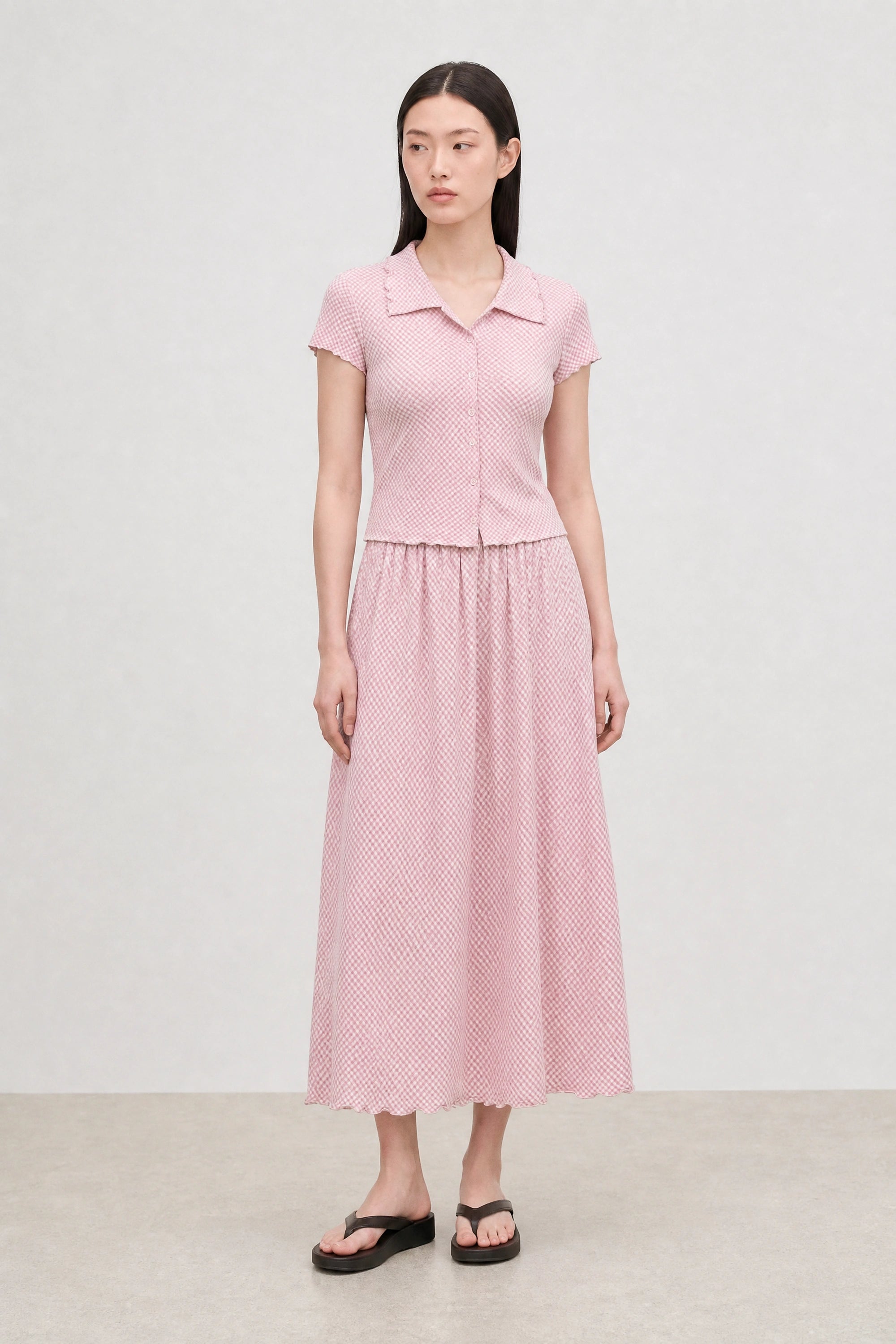 Light pink and white gingham lettuce trim pencil skirt_4