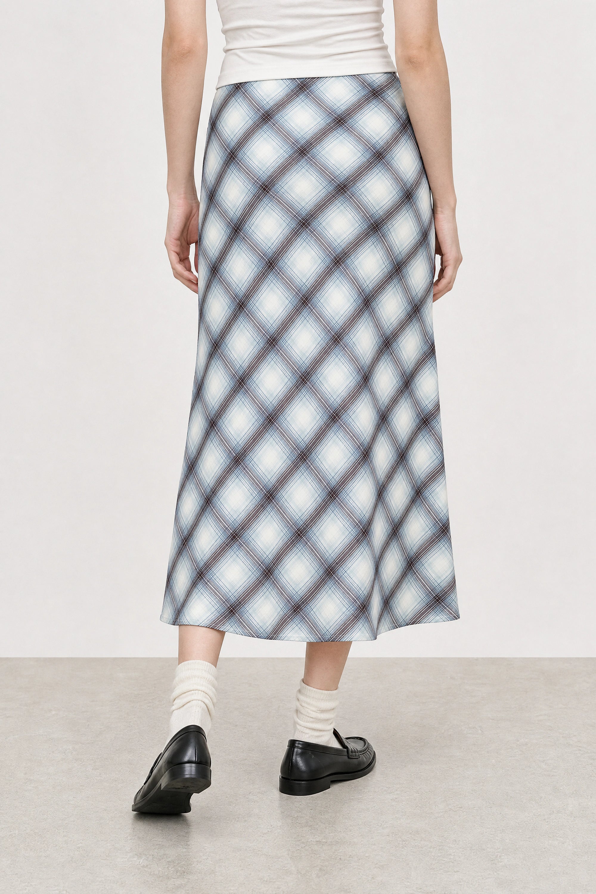 Light blue and brown plaid satin touch skirt_3