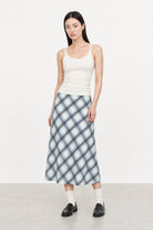 Light blue and brown plaid satin touch skirt_4
