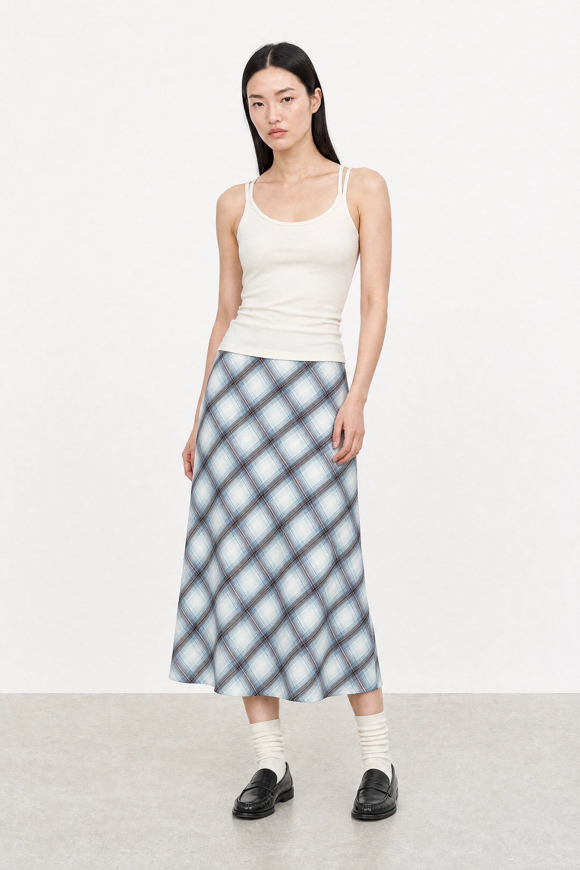 Light blue and brown plaid satin touch skirt_4