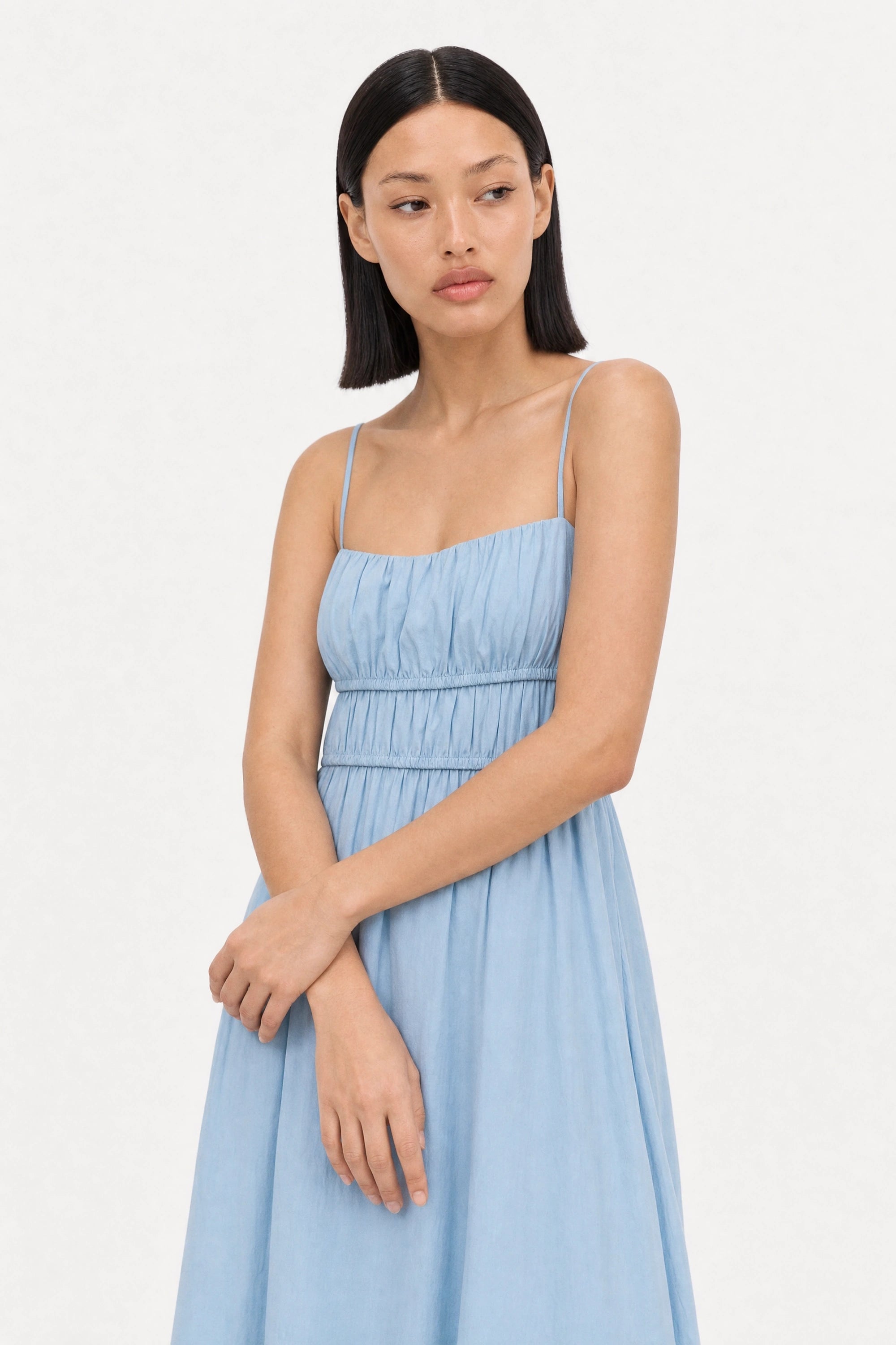 Light blue tiered bodice tie back midi dress_5