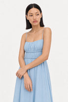 Light blue tiered bodice tie back midi dress_5