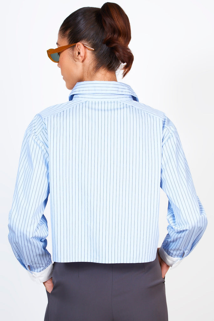 Light blue pinstriped smart cropped shirt_2