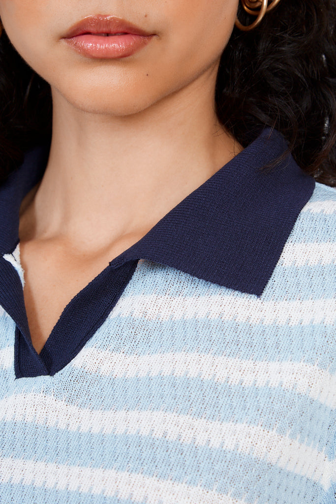 Light blue striped navy collar knit tee_4