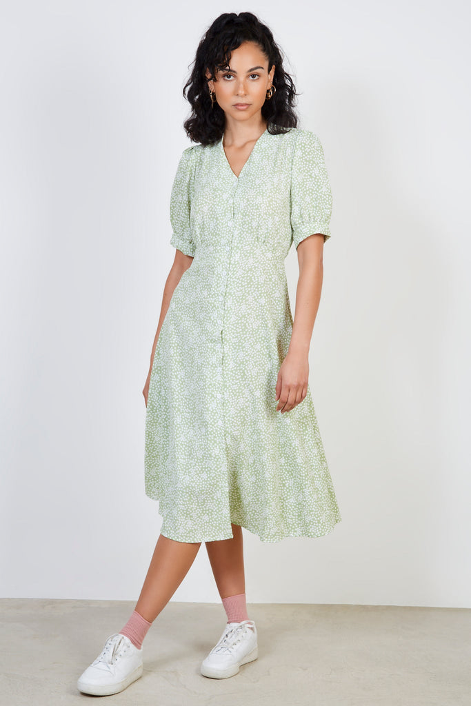 Light green floral print button front dress_1