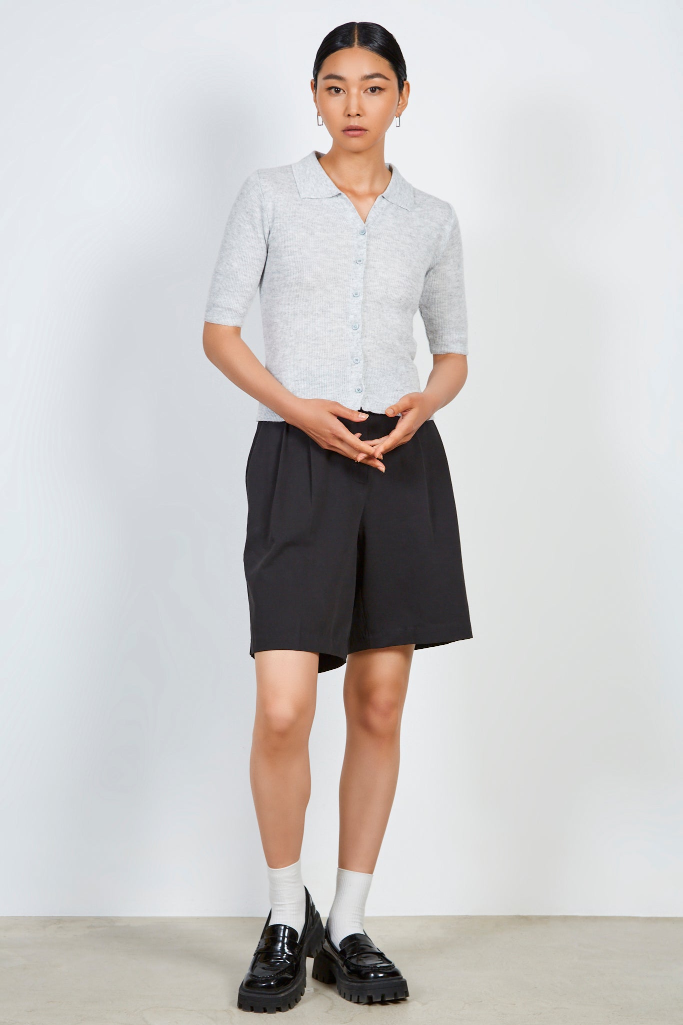 Light grey bamboo blend button front knit tee_3