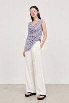 Lilac and yellow plaid asymmetric draped sleeveless blouse_4