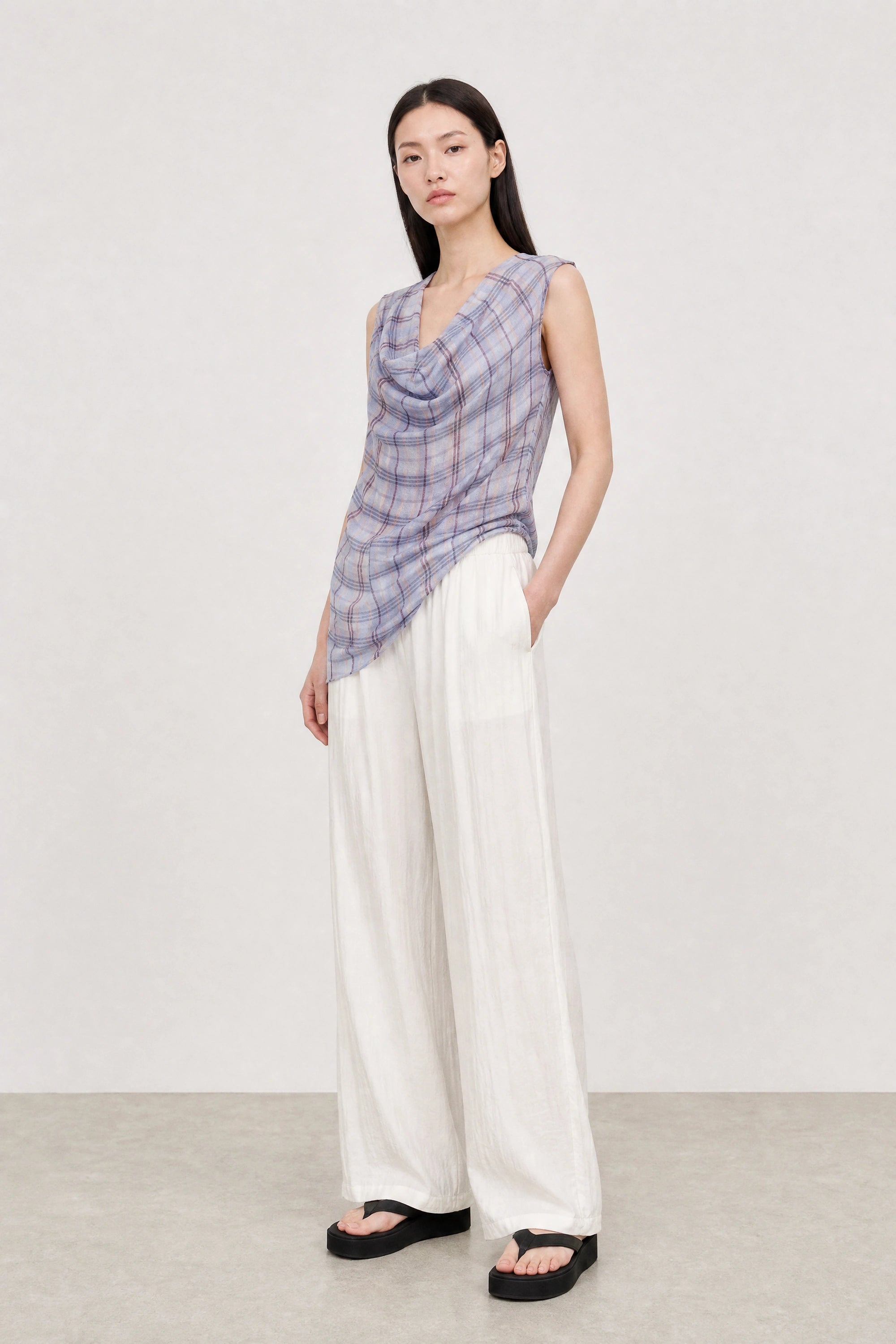 Lilac and yellow plaid asymmetric draped sleeveless blouse_4