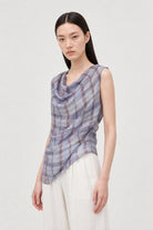 Lilac and yellow plaid asymmetric draped sleeveless blouse_1