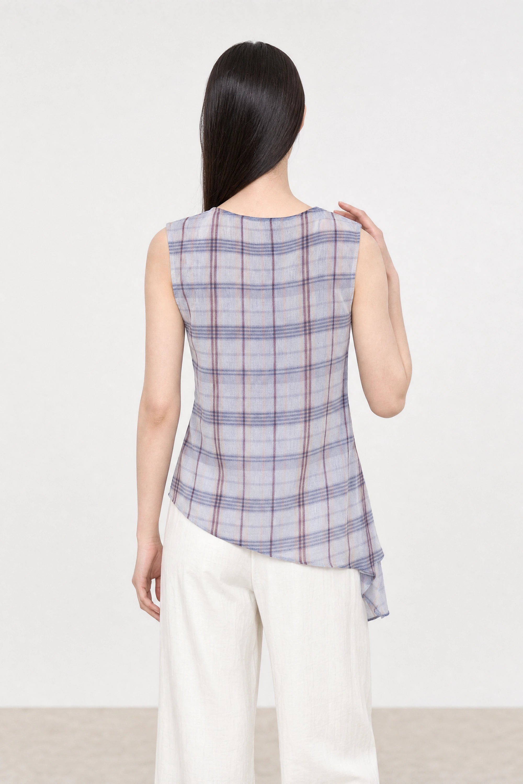 Lilac and yellow plaid asymmetric draped sleeveless blouse_2
