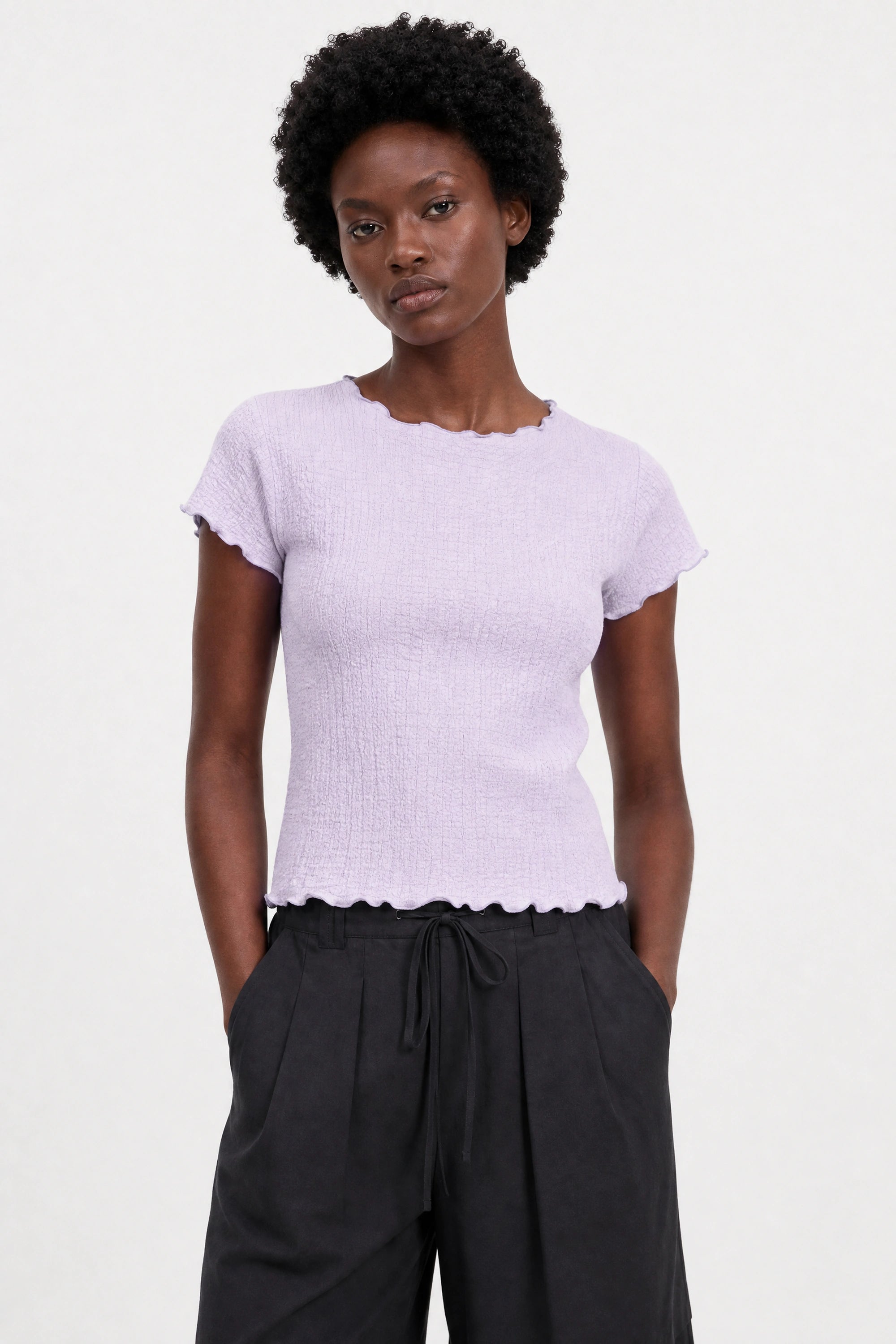 Lilac bubble texture mock neck short sleeve top_1