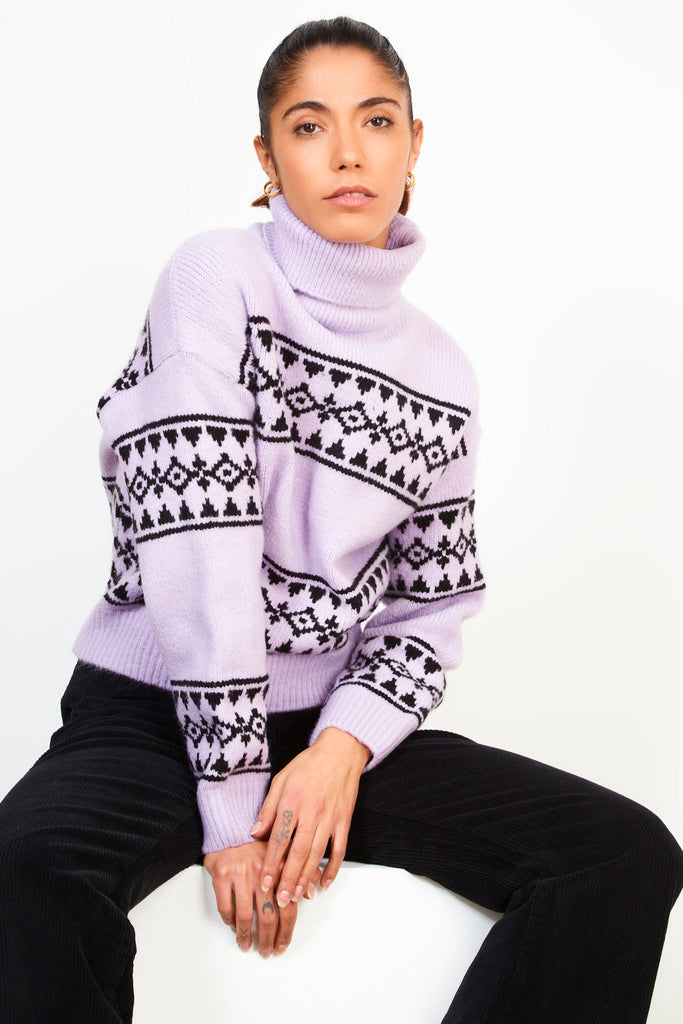 Lilac and black abstract diamond stripe turtleneck jumper_4