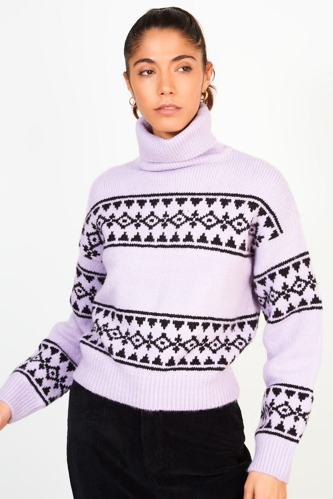 Lilac and black abstract diamond stripe turtleneck jumper_1