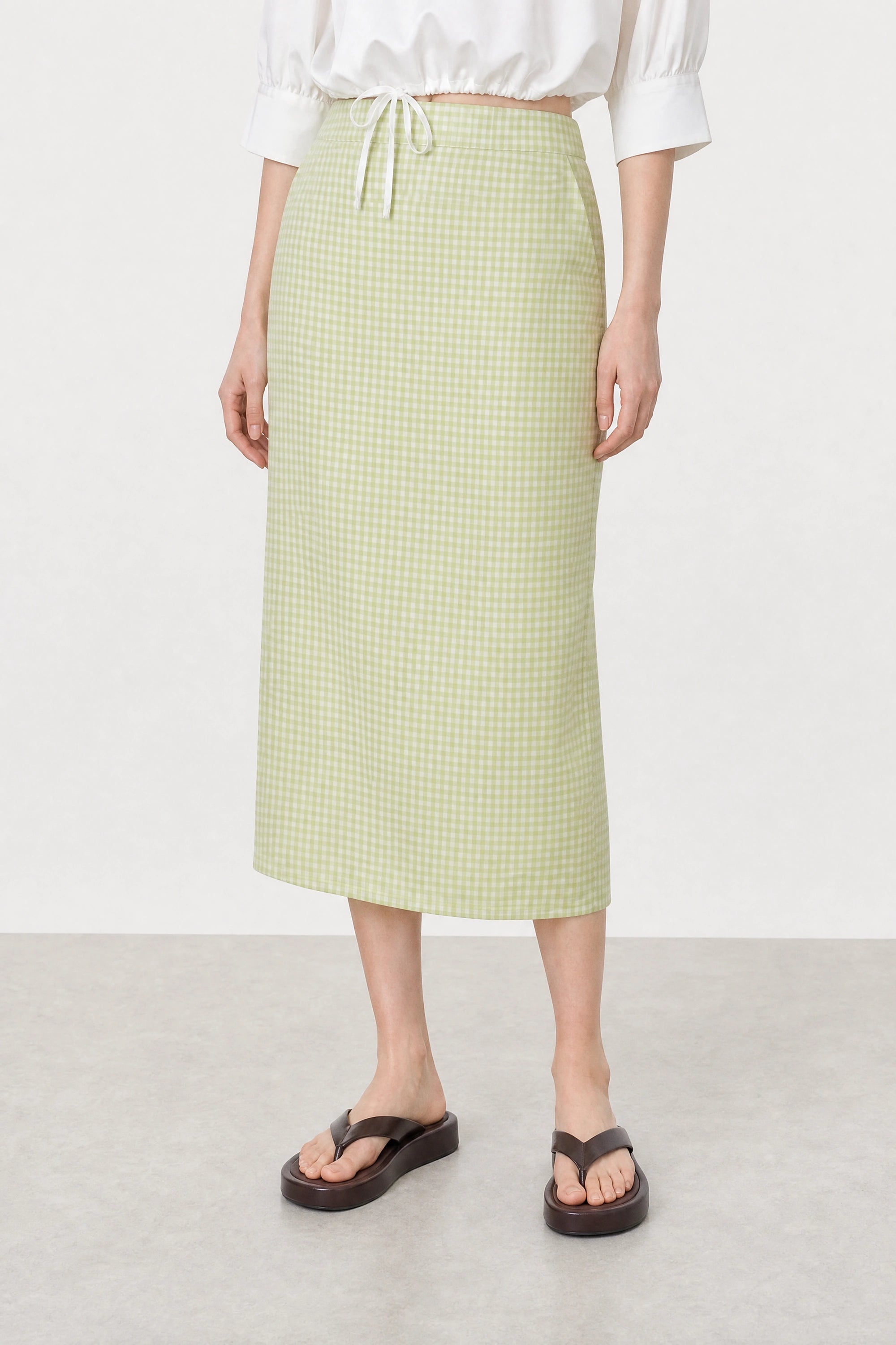 Lime green gingham slit back pencil skirt_1