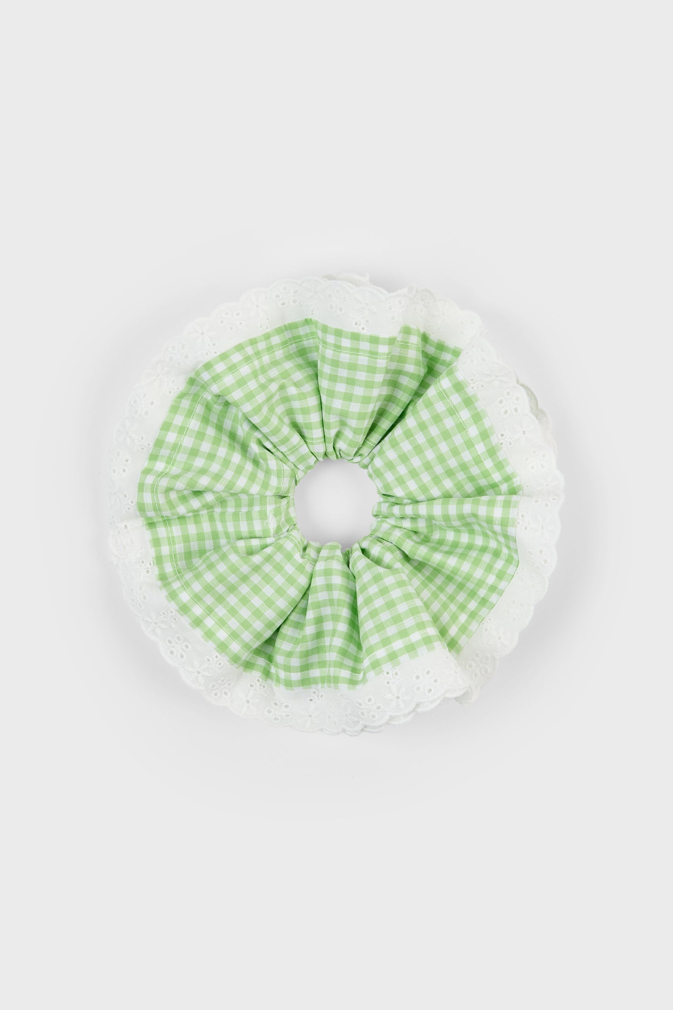 Lime green gingham white eyelet trim scrunchie_1