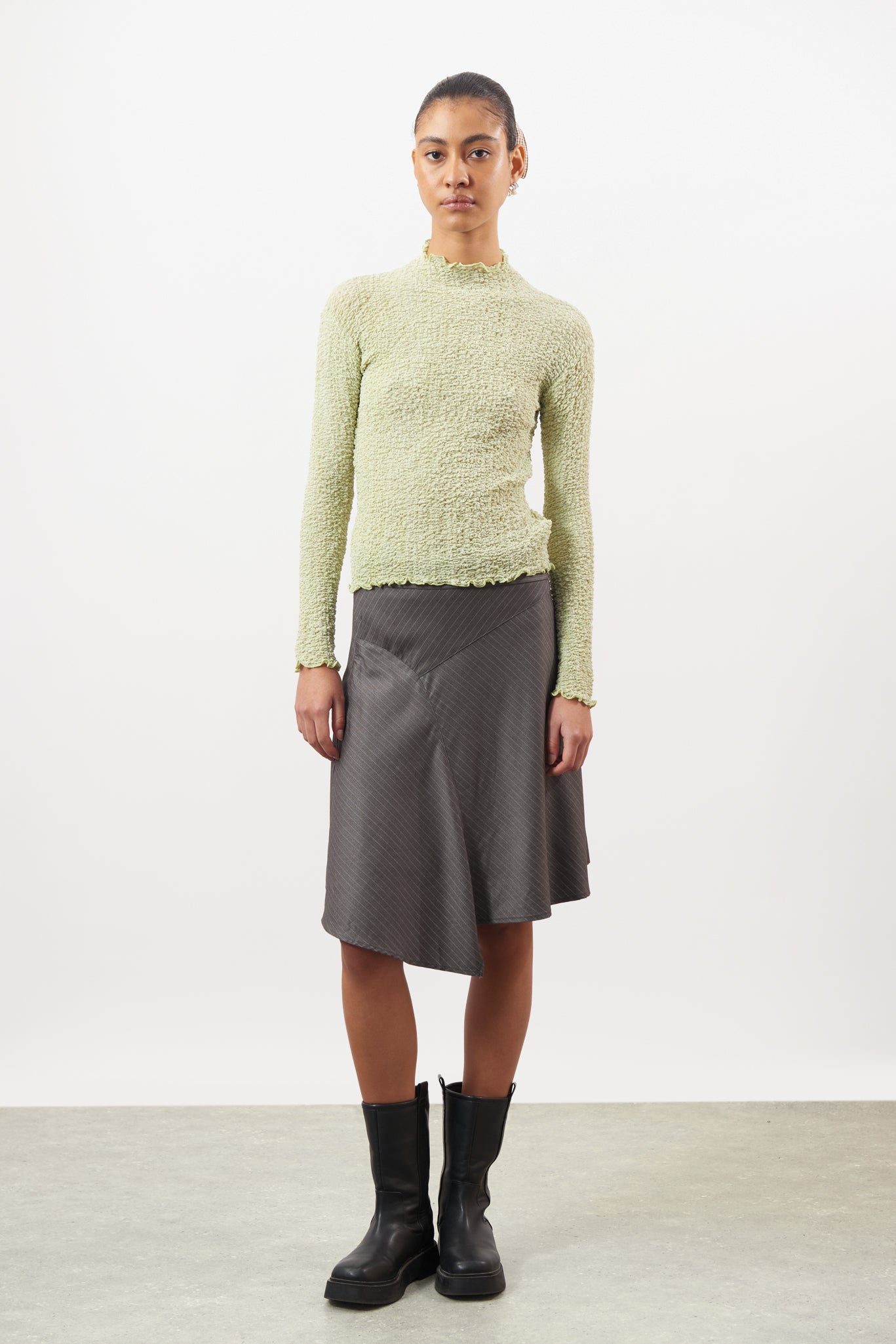 Lime green textured long sleeve mock neck top_4