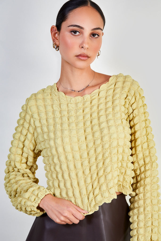 Lime green textured puff long sleeve top_1