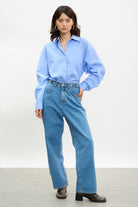 Mid blue adjustable waist jeans_1